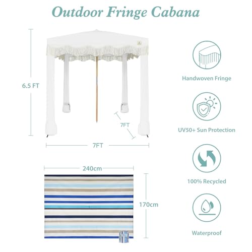 AMMSUN Beach Cabana with Blanket, 7' x 7' Boho Canopy with Tassels, Premium Wood Pole, Fringe Cabana Tent with Sand Pockets, Instant Sun Shade for Sand, Garden, Outdoor, Elegant White - color: Elegant White with Colorful Beach Blanket