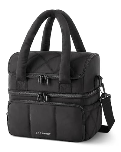 BAGSMART Lunch Bag Women, Double Deck Insulated Lunch Box, Quilted Puffer Lunch Tote, Leakproof, Durable & Reusable Large Lunch Cooler For Work Picnic Travel Meal Prep, Black - color: Black, size: Large(double deck)