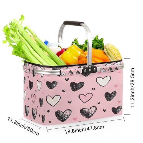 Love Heart Picnic Basket Colorful Heart Large Collapsible Market Baskets Portable Reuasble Shopping Bags with Handles for Camping Beach Travel - color: Beige