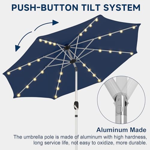 10FT 40-LED Solar Lighted Aluminum Patio Umbrella, Fade-Resistant Outdoor Market Table Umbrella with Push Button Tilt Function, 8 Sturdy All-Aluminum Ribs for Gardens, Decks, Backyards & Pools - color: Navy Blue, size: 10FT 40LED-1Tier (Aluminum Umbrella)