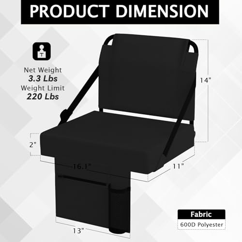 2pcs Stadium Seat for Bleachers with Back Support，Portable Bleacher Chairs with Back and Cushion，Includes Shoulder Strap and Cup Holder - color: Black,2 Pack