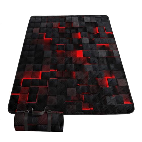 Outdoor Picnic Blanket Portable Ultrasonic Waterproof Picnic Black Red Stereoscopic Square Printed Camping Beach Mat for Sand and Wet Grass Hiking (Black Red Square S - color: Black Red Square, size: Standard - 59"x78"
