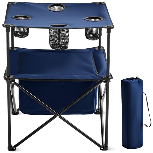 Portable Outdoor Folding Camping Table with 4 Cup Holders & Cooler Compartment, Waterproof Picnic Table for Picnic, BBQ, Beach, Hiking (Dark Blue, 1 PCS) - color: Dark Blue