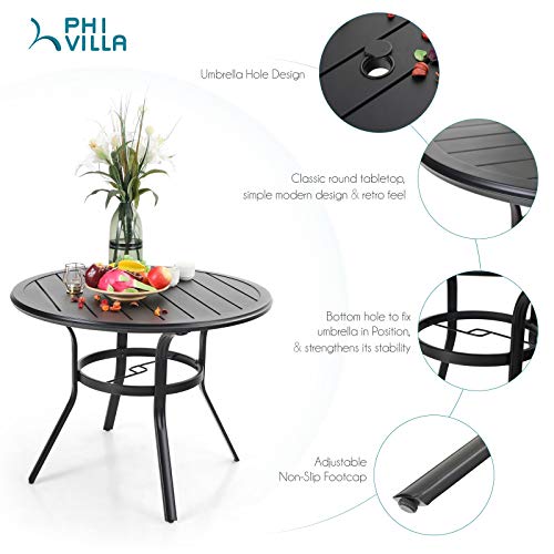 PHI VILLA Patio Dining Set 5 Piece, 4 Padded Textilene Swivel Patio Chairs and 1 Round Metal Table with 1.57" Umbrella Hole, All Weather Resistant for Lawn Garden - color: Brown Padded Fabric, size: 37.8"Dia x 28.7"H-Metal-5 Piece