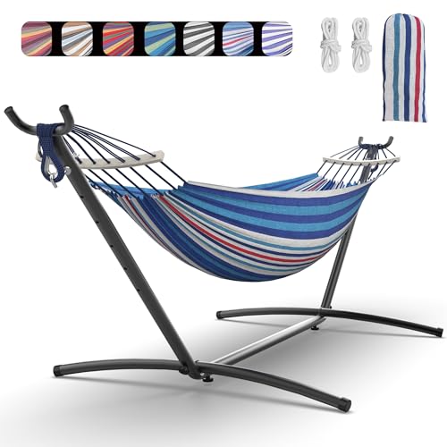 EveryFun Double Hammock with Heavy-Duty Steel Stand,Portable,Easy Assembly,600lbs Weight Capacity,Suit for Indoor,Yard,Camping,or Outdoor-Fine Blue - color: Dc-fineblue