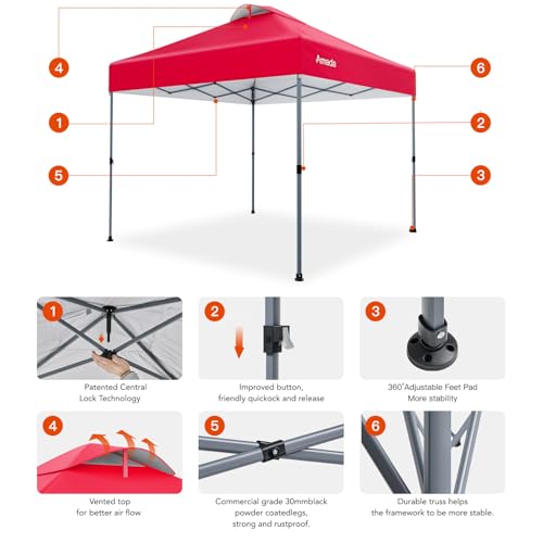 Amada 10x10 Pop Up Canopy Tent, 1-Button Push Easy-up Outdoor Canopy Beach Tent with 3-Height Adjustable Waterproof Shade Shelter, Wheeled STO-N-Go Bag 8 Stakes, 4 SandBags (Red) - color: Red, size: 10x10ft