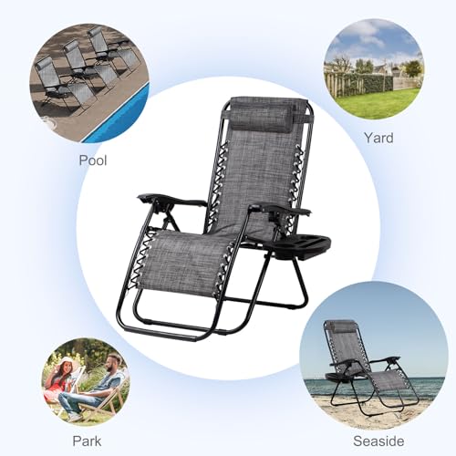 Nazhura Set of 2 Relaxing Recliners Patio Chairs Adjustable Steel Mesh Zero Gravity Lounge Chair Beach Chairs with Pillow and Cup Holder(Grey) - color: Grey