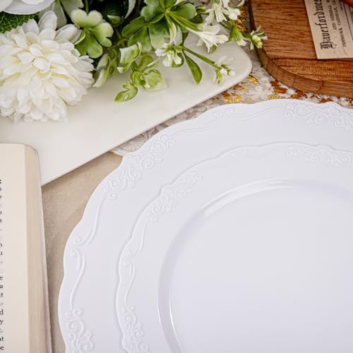 U-QE 100 Pieces White Plastic Plates - White Disposable Plates - Premium Hard Plastic Disposable Plates for Wedding and Party Use Including 50 Dinner Plates 10 '' & 50 Dessert Plates 7.5 '' - color: White