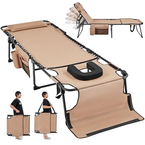 Yaheetech 26.4" Tanning Chair with Face Hole, Adjustable 5-Position Folding Chaise Lounge Chairs, Outdoor Lounge Chairs for Lawn, Beach, Patio, Beige - color: Beige, size: 26.4"