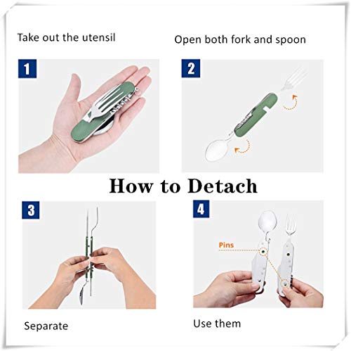 6-in-1 Multi-Function Camping Flatware Utensil Folding Knife Cutlery Detachable Pocket Kits with Carrying Pouch (Gold + Blue) - color: Gold + Blue