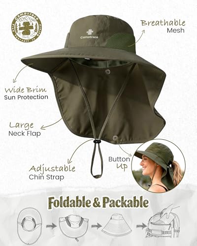 Camptrace Sun Hats for Women Men UPF 50+ UV Protection Wide Brim Hiking Fishing Hat with Neck Flap - color: Darkgreen