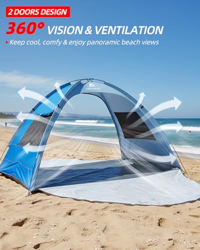 Abahub 3-Person Beach Tent Sun Shelter, UPF 50+ UV Protection Portable Sun Shade with 2 Doors and 2 Mesh Windows, Lightweight Beach Cabana for Beach, Camping, Fishing & Outdoor Activities - size: 2 DOOR