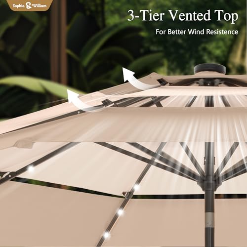 Sophia & William 10ft Patio Umbrellas 3-Tier Umbrella Outdoor Patio Umbrellas with Lights Vented Top 24 LED lights Adjustable Tilt for Pool Garden Backyard, Mixed Beige - color: Mixed Beige