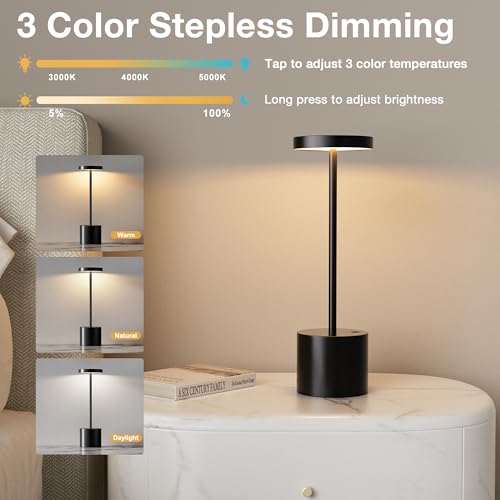 Black Cordless Table Lamp, 4000mAh Rechargeable Battery Powered Lamps, 3 Color Stepless Dimming, LED Wireless Outdoor Lamps for Dining Room, Bedroom, Bar, Cafe, Restaurant, Patio, Camping, Set of 2 - color: Black