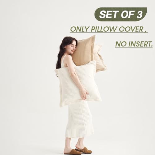 COCO TOP Pack of 3 Large Throw Pillow Cases 24x24inch, Soft Striped Corduroy Neutral Earth Tones Pillow Covers for Sofa, Cozy Decor for Bedroom, Lounge, Outdoor Settings（Camel, Beige & White） - color: Camel/Beige/White, size: 24" x 24" (Pack of 3)