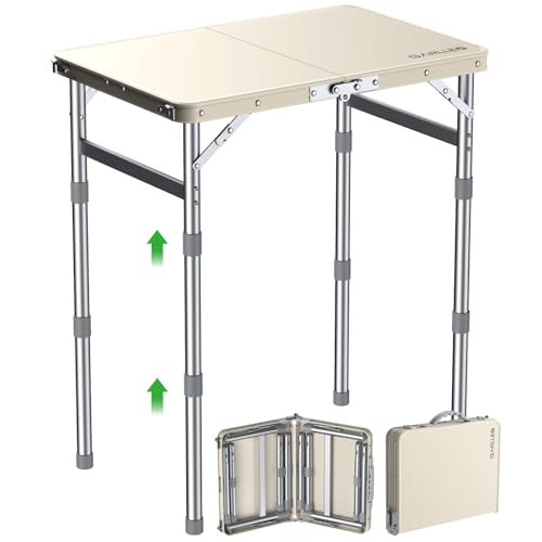GARLLEN Waterproof Camping Table with High-Density Plastic Tabletop, Portable Folding Picnic Table with 3 Adjustable Height, Aluminum Frame Outdoor Table for BBQ, Camping, Indoor Use, 22.8"L x 15.7"W - color: White