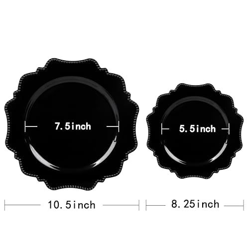 COLOSUS 100pcs Black Plastic Plates - Heavy Duty Black Plastic Plates Disposable for Party/wedding/New Year Include 50pcs Dinner Plates and 50pcs Dessert Plates. - color: Black
