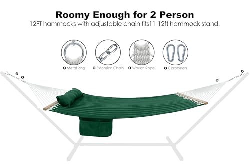 GAFETE Hammock 2 Person Quilted Fabric Hammocks for Outside, Double 12ft Hammocks with Spreader Bar, Large Removable Pillow, Storage Bag, Carabiners, Max 475 lbs Capacity (Night Green) - color: Night Green