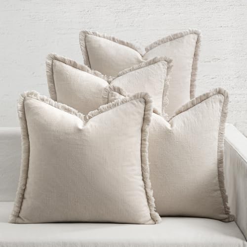 MIULEE Decorative Couch Pillow Covers Neutral Beige Linen Fringe Throw Pillows Set of 4 Boho Farmhouse Cushion Covers Soft Accent Pillowcases for Bed Couch Sofa Living Room Spring Decor 18x18 Inch - color: Neutral Beige, size: 18" x 18" (Pack of 4)