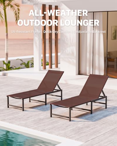 Chaise Lounge Chair Outdoor,Aluminum Patio Lounge Chairs,Lounge Chairs with 5 Adjustable Backrest for Outside Beach Lawn and Backyard，Brown - color: Brown, size: 1 Chair