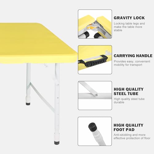 Portable Plastic Folding Table 4ft/6ft/8ft Heavy Duty White Black Picnic Dining Table Fold-in-Half for Camp Party Kitchen Indoor Outdoor - color: Light Yellow, size: 4FT, style: Flat Desktop