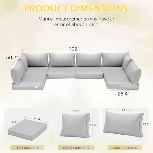 HOMREST Outdoor Replacement Cushions for Patio Furniture,Water-Repellent Sofa Cushion for 6-Seat Rattan Wicker Sectional Patio Conversation Sets,14-Piece Cushions Set for Outdoor Couch（Silver Grey） - color: Light Grey, size: 6 Seat