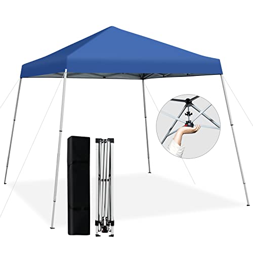 Tangkula 10x10 Ft Pop Up Canopy, Slanted Leg Outdoor Canopy Tent with Center Lock, UPF50+ Sun Protection, 4 Stakes, 8 Ropes, Carrying Bag, 1 Person Setup Instant Tent Shelter for Camp, Beach, Patio - color: Blue