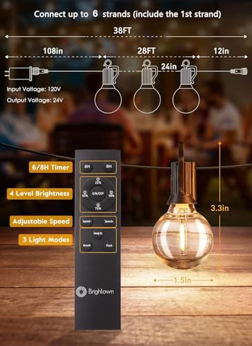 Brightown String Lights Outdoor 38Ft(28+10) with Remote Hooks and Clips, Patio String Lights for Outside with 17 Shatterproof Bulbs(2 Spare), Waterproof Dimmable Hanging Lights for Backyard Party Cafe - size: 38FT - 15 Bulbs (With Hooks & Clips)