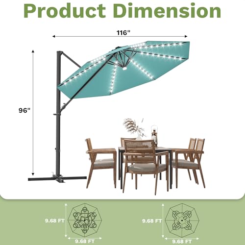 Patiowell 10 FT Patio Umbrella with Solar LED Light, Outdoor Cantilever Umbrella with 360 Degree Rotation, Outside Large Round Sun Umbrella with Frame for Backyard Garden Poolside, Sky Blue - color: Sky Blue with Light, size: 10 FT