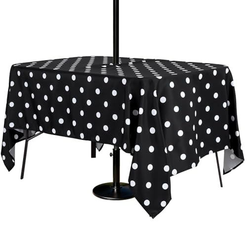 Poise3EHome Rectangle Outdoor Tablecloth with Umbrella Hole and Zipper,Black Dot 70x52 Inch,Polyester SpillProof Washable Table Cloth for Spring Summer Patio Garden Poolside Picnic Camping BBQS - color: Black Dot, size: 70" x 52" (Rectangular)
