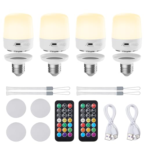 Minetom E26 Rechargeable Light Bulbs with Remote and Timer, Battery Backup Bulb with 12 Colors and Brightness Dimmable, 2300mAh 40W Equivalent LED Light Bulbs for Lamps Sconces Camping, 4 Pack - size: 4 Pack