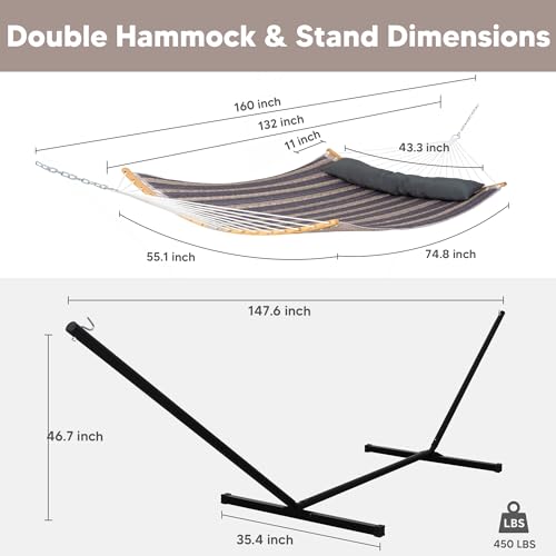 SUNCREAT Hammocks for Outside with Stand Included, Double Hammock with Curved Spreader Bar, Carrying Bag, Gray Stripes - color: Dark Gray Stripes