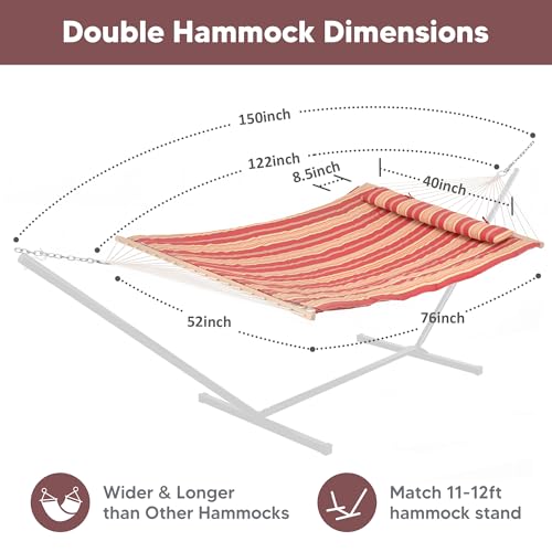 SUNCREAT Two Person Rope Hammock with Pad, Hanging Tree Double Hammock with Large Pillow, Hardwood Spreader Bar, Red Stripe - color: Red Stripe