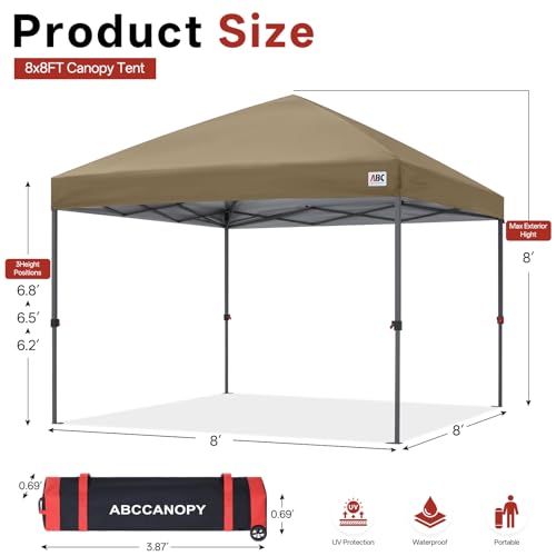ABCCANOPY 8x8 Pop Up Canopy Tent, Easy Setup Instant Shelter with Wheeled Bag, Heavy Duty Outdoor Canopy for Beach, Market, Backyard, UV Protection, Outdoor Weather Protection (Khaki, 8x8) - color: Khaki, size: 8x8