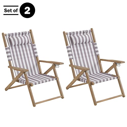 Lavish Home Set of 2 Beach Chair - Outdoor Weather-Resistant Wood Folding Chair with Backpack Straps - 4-Position Reclining Seat - Beach Essentials (Taupe Stripe) - color: Taupe Stripe, style: Set of 2