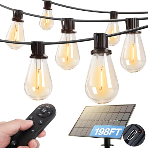 addlon 198FT(192+6) Solar String Lights Outdoor Waterproof 6W Panel with USB Port & Remote Control Solar Powered Patio Lights for Outside with 68 LED Dimmable Bulbs for Porch Garden Deck Halloween - size: 192+6FT(64 Sockets)