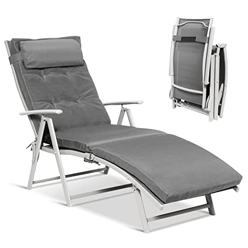 Giantex Chaise Lounge Chair for Outside, Pool Folding Reclining Beach Chair W/Removable Cushion&Headrest Pillow, Outdoor Lounge Chaise w/ 7 Backrest Positions, Portable Patio Lounger (1, Grey) - color: Grey