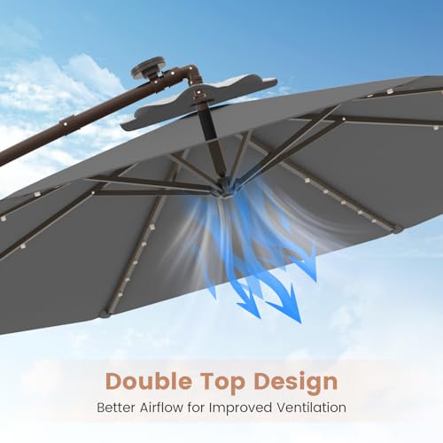 Tangkula 10FT Offset Patio Umbrella with Base Included, Outdoor Cantilever Umbrella with 40 Solar LED Lights, Tilt Adjustment, Crank Handle, Vented Top, Sand Bags for Pool Yard Deck (Gray) - color: Gray