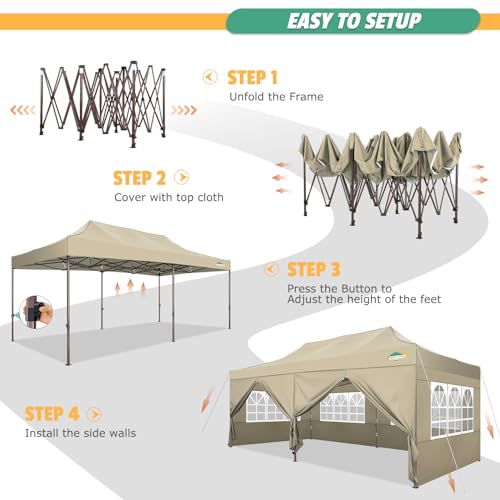 COBIZI 10x20 Pop Up Canopy Tent Heavy Duty with 6 Removable Sidewalls, Commercial Heavy Duty Pop Up Tent for Parties All Weather Waterproof and UV 50+ Wedding Tent with Roller Bag(Legs Upgraded) - color: Khaki, size: 10x20FT