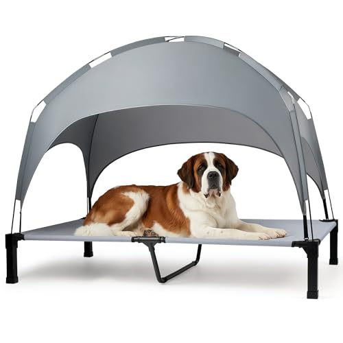 Heeyoo Elevated Dog Bed with Removable Canopy, Portable Dog Cot with Sun Protection Shade Tent, Raised Pet Cooling Cot Bed for Dogs, 60in - color: Grey, size: 60"L x 36"W x 9.5"H