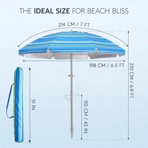 PASAMIC 7ft Beach Umbrella for Sand with Sand Anchor & Tilt, UPF 50+ Protection Beach Umbrellas for Heavy Duty Wind Portable with Carry Bag and Hook, for Patio Garden Pool, Light Blue Stripes - color: Light Blue Stripes, size: 7FT