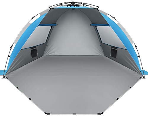 Oileus X-Large 4 Person Beach Tent Sun Shelter - Portable Sun Shade Instant Tent for Beach with Carrying Bag, Stakes, 6 Sand Pockets, Anti UV for Fishing Hiking Camping, Waterproof Windproof, Blue - color: Blue