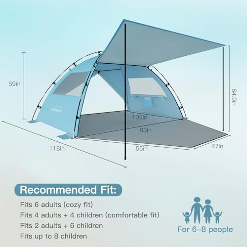 Elegear CumbreX™ Beach Tent Sun Shelter with Canopy, 6-8 Person Beach Tent, Easy Setup UPF 50+ UV Protection Portable Lightweight Double Silver Coating Cabana Sun Shade Shelter - Sky Blue - color: Sky Blue, size: 6-8 Person