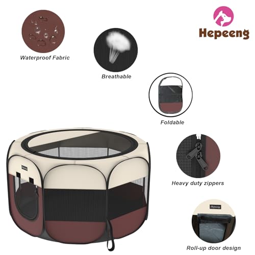 Portable Pet Puppy Dog Cat Playpen, 8-Panel Indoor/Outdoor Puppy Pen with Shade Cover & Travel Bag - Waterproof Dog Cat Tent - color: Brown, style: Medium(36"x36"x23" with free bonus)