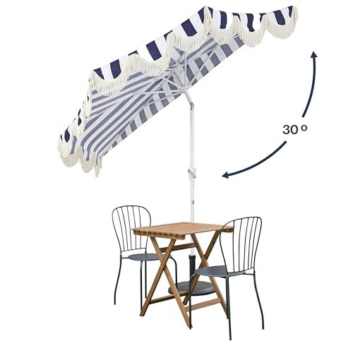 JONATHAN Y Half Umbrella UMB1201I Beverly 9 ft. Designer Classic Scalloped Fringe Market Patio with Crank, Tilt Button and UV Protection in Navy/White, White Pole - color: Navy/White - White Pole