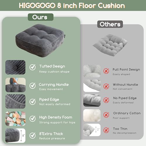HIGOGOGO 8" Extra Thick Floor Pillow Cushion for Adults, Meditation Cushion Pillow, Large Square Floor Sitting, Tufted Corduroy Cover, for Tatami Living Room or Yoga, 22x22 Inch, 2Pack, Dark Grey - color: Square Dark Grey, size: 8" Thick(Pack of 2)
