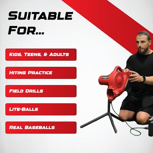 Heater Sports Base Hit Adjustable Real Baseball Pitching Machine – 45 MPH Pitching Speed, Includes Automatic Ball Feeder | Perfect for Hitting and Fielding Training for All Skill Levels