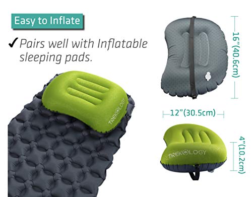 TREKOLOGY Ultralight Inflatable Camping Travel Pillow - ALUFT 2.0 Compressible, Compact, Comfortable, Ergonomic Inflating Pillows for Neck & Lumbar Support While Camp, Hiking, Backpacking - color: Green