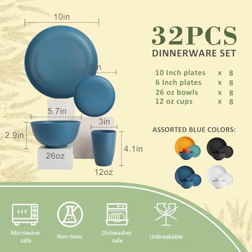 Wrova Wheat Straw Dinnerware Set of 32,Unbreakable Dinner Plates and Bowls Dishes Sets Service for 8,Dishwasher Safe Dinnerware Sets for Kitchen and Camping.Navy Blue - color: Navy Blue, size: 32 Pack