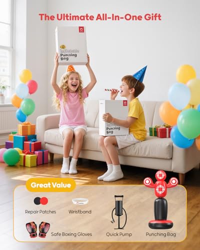 QPAU 360° Rotatable Kids Punching Bag - 64" Boxing Bag with 4 Targets & Kids Boxing Gloves, Inflatable Punching Bags with Hand Pump, Karate Taekwondo Training Christmas Birthday Gift Boys Girls